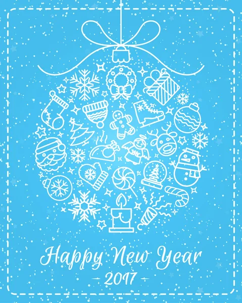 Noel tebrik kartı Noel çizgi simgeler ve dilek oluşan Noel topu ile mutlu bir yeni yıl kar tatil arka plan üzerinde var. Mutlu Noeller. Noel dekorasyon öğesi