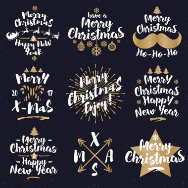 Noel etiket oluşan Hediyelik, kar tanesi, yıldız, çam ağacı ve sunburst siyah tatil zemin üzerine altın renk stili ayarlayın. Dekorasyon için mükemmel. Vektör çizim