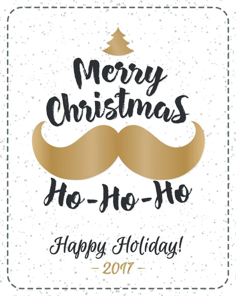 Christmas greeting card with congratulation Merry Christmas and gold mustache and fir-tree on snow holiday background — Stock Vector