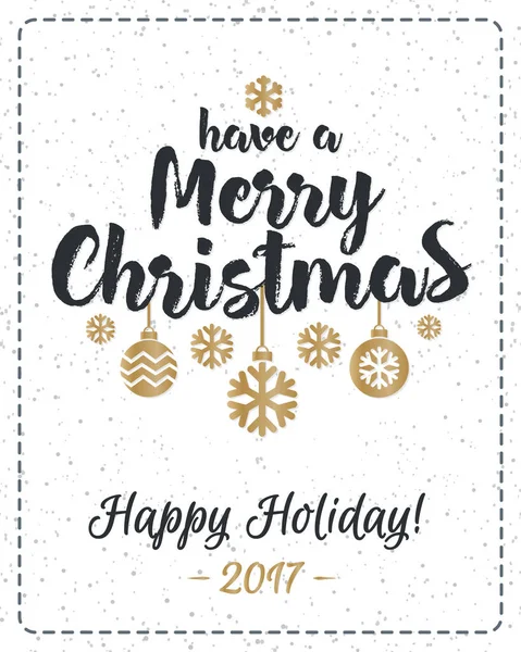 Різдвяні вітальні листівки з привітанням мають веселий різдвяний і золотий святковий м'яч, сніжинка на білому сніговому тлі — стоковий вектор