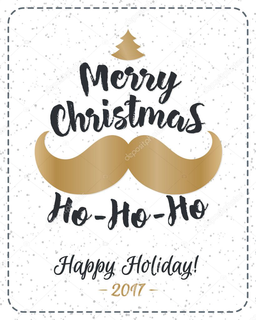 Christmas greeting card with congratulation Merry Christmas and gold mustache and fir-tree on snow holiday background