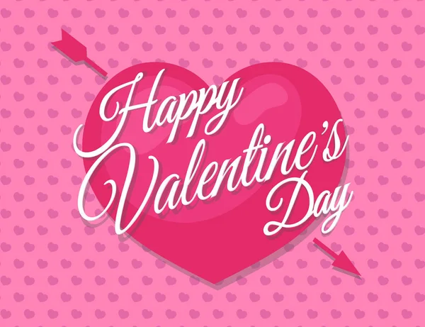 Sinal de Valentim feliz no coração perfurado por uma seta no fundo do coração cor-de-rosa — Vetor de Stock