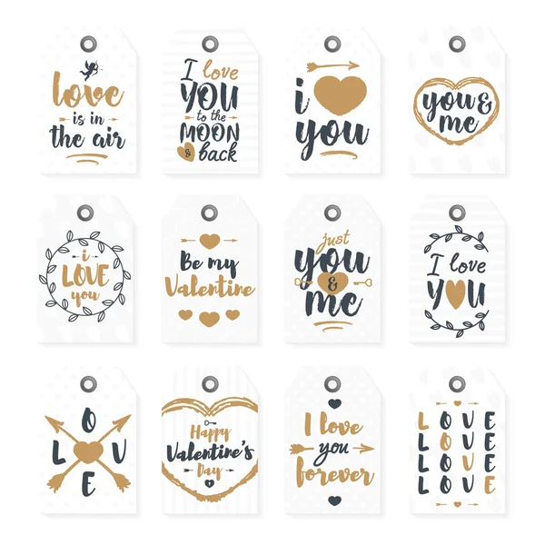 Rótulo feliz dia dos namorados definido com adorável tipografia lettering parabéns estilo ouro no fundo branco. Ilustração vetorial —  Vetores de Stock