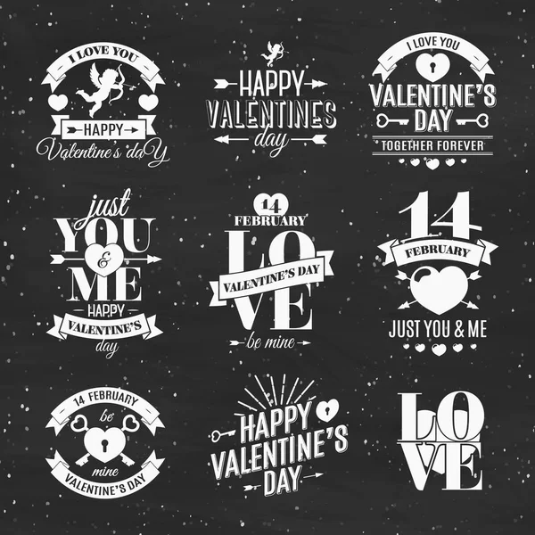 Feliz día de San Valentín conjunto de etiquetas. Elementos de diseño vectorial, signos navideños, logotipos, identidad, etiquetas, insignias, prendas de vestir, cintas, pegatinas y otros objetos. Ilustración vectorial — Archivo Imágenes Vectoriales
