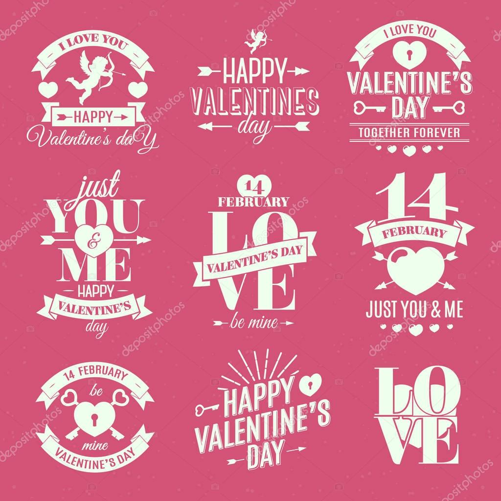 Happy Valentine's day label set on pink background. Vector illustration