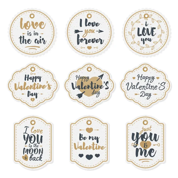 Happy Valentine 's day label set with lovely congratulations lettering typography gold style and different shapes on white background. Элемент праздничного оформления. Векторная миграция — стоковый вектор