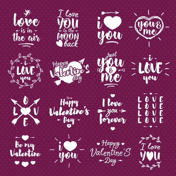 Happy Valentine's day label set with lettering typography wish isolated on heart background for use greeting card, stamps, posters and romantic quote. Vector typography congratulations collection — Stock Vector