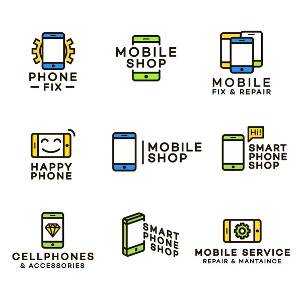 Logoen til et mobilt verksted for reparasjon og vedlikehold av selskapets identitet. Mobiler og tilbehør-logo. Vektordesignelementer, foretaksskilt, etiketter, merker og andre brennbare gjenstander – stockvektor