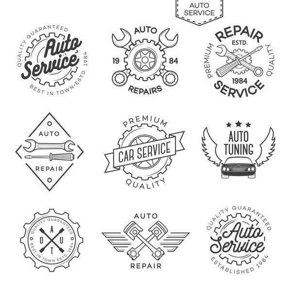 Set of auto service, repair and auto tuning labels isolated on white background