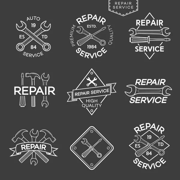 Set of repair and auto service labels isolated on black background — Stock Vector