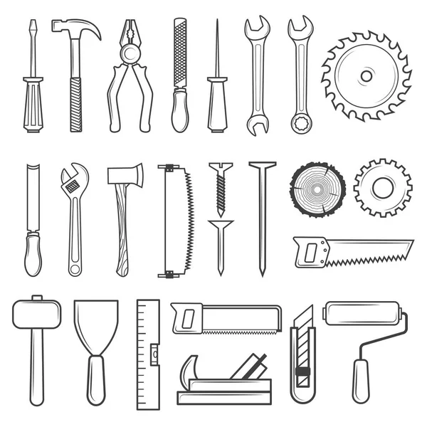 Ensemble d'outils icônes style ligne pour le service de menuiserie, service de réparation, bûcheron, scierie — Image vectorielle