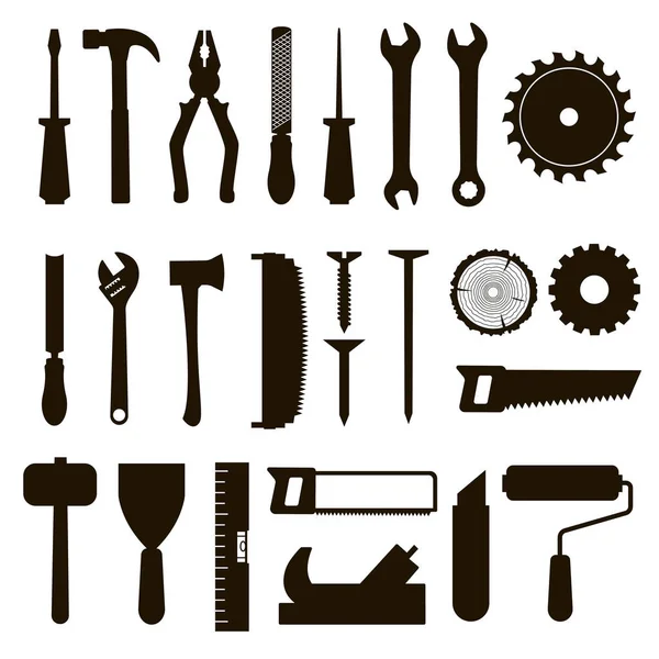 Pictogram set tools zwarte kleur voor timmerwerk service, reparatieservice, houthakker, zagerij — Stockvector