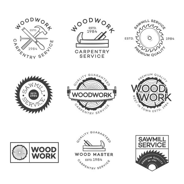 Set of carpentry service, sawmill and woodwork labels isolated on white background