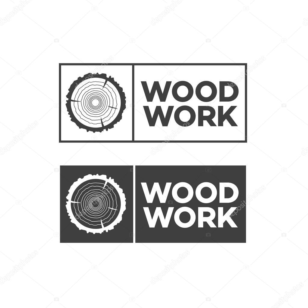 Et of black woodwork label. Isolated vector tree rings background and saw cut tree trunk. Stamps, banners and design elements. Wood work and manufacture label templates. Vector illustration
