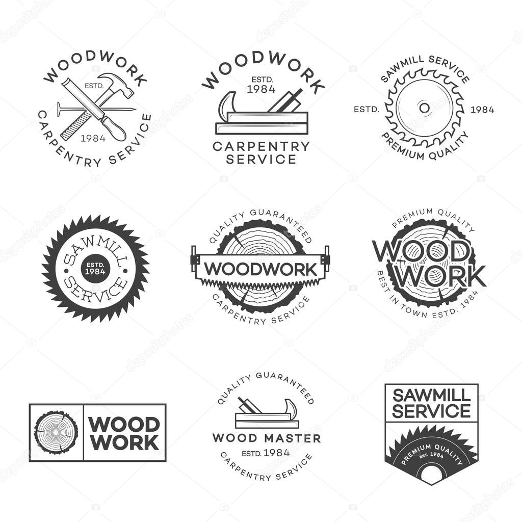 Set of carpentry service, sawmill and woodwork labels isolated on white background. Stamps, banners and design elements. Wood work and manufacture label templates. Vector illustration