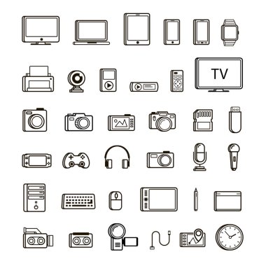 Beyaz arka plan üzerinde izole çoklu ortam aygıtı simgesi siyah ve çizgi stilini kümesi