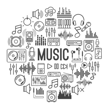 Müzik arka plan beyaz arka plan üzerinde izole siyah simgeler çizgi stili ile. Vektör tasarım öğeleri, iş işaretler, logolar, kimlik ve işiniz için marka diğer nesneleri. Vektör çizim