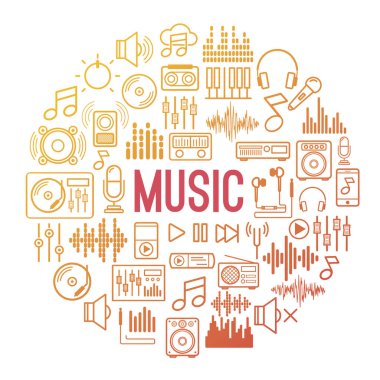 Müzik arka plan beyaz arka plan üzerinde izole renk simgeleri çizgi stili ile. Vektör tasarım öğeleri, iş işaretler, logolar, kimlik ve işiniz için marka diğer nesneleri. Vektör çizim