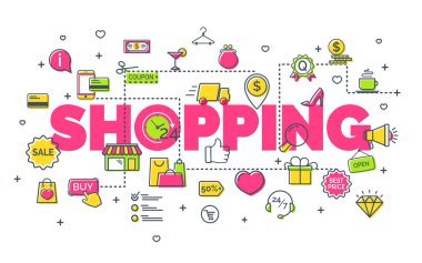 Beyaz arka plan üzerinde modern ince çizgi simgelerle on-line alışveriş kavramı