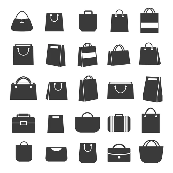 Conjunto de iconos de bolsa de compras de color negro y estilo plano aislado sobre fondo blanco — Archivo Imágenes Vectoriales