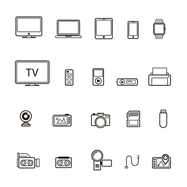 Ensemble d'icône de périphérique multimédia noir et style ligne isolé sur fond blanc — Image vectorielle