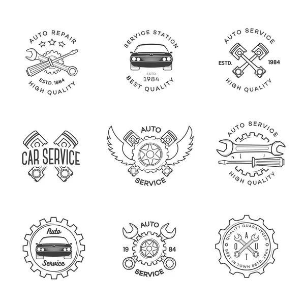 Ensemble de service automobile, étiquettes de réparation couleur noire isolée sur fond blanc — Image vectorielle