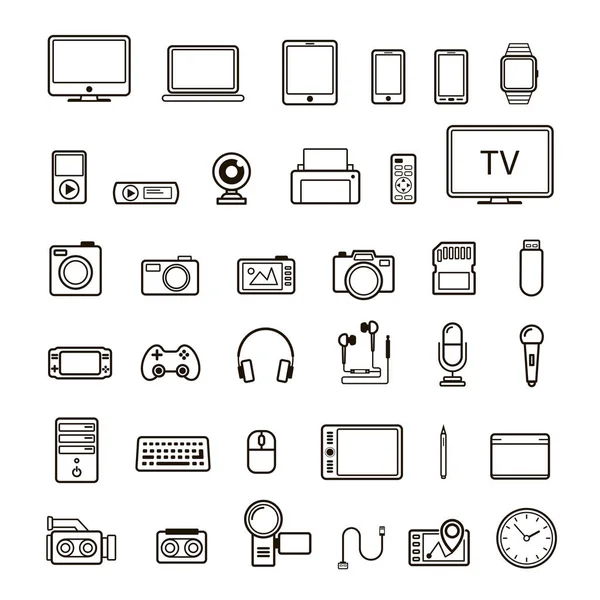 Conjunto de icono de dispositivo multimedia color negro aislado sobre fondo blanco — Vector de stock