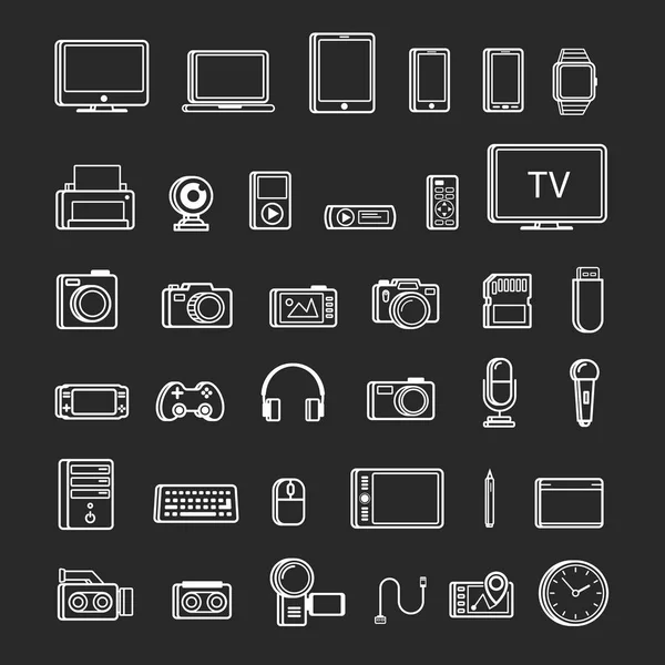 Set van multimedia-apparaat pictogram witte kleur geïsoleerd op zwarte achtergrond — Stockvector