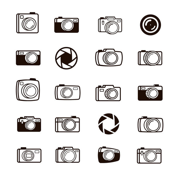  Набор фотоаппаратов, линз и диафрагменных иконок черного цвета
