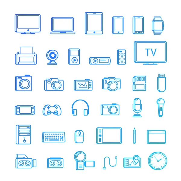 Set van multimedia-apparaat pictogram lijnstijl geïsoleerd op een witte achtergrond. Vector designelementen, zakelijke tekenen, logo's, identiteit, labels en andere branding objecten voor uw bedrijf. Vectorillustratie — Stockvector