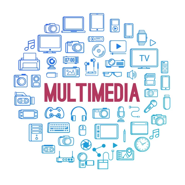 Çoklu ortam aygıtı simgesini çizgi stili kavramı beyaz arka plan üzerinde izole. Vektör tasarım öğeleri, iş işaretler, logolar, kimlik ve işiniz için marka diğer nesneleri. Vektör çizim