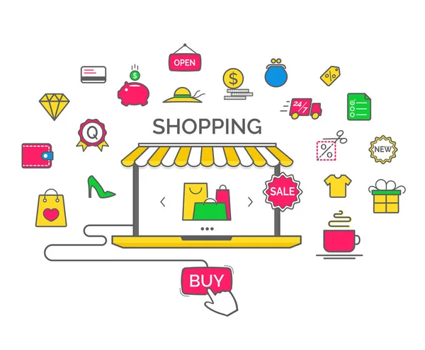 Concepto de compras con iconos de estilo plano. Perfecto para tu negocio. Ilustración vectorial — Archivo Imágenes Vectoriales