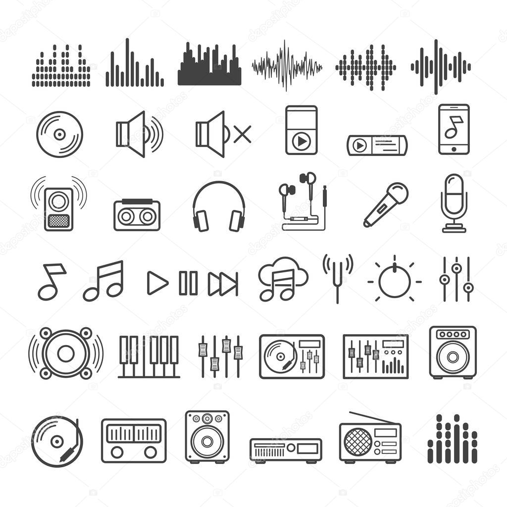 Set of music icons line style isolated on white background. Vector design elements, business signs, logos, identity, labels and other branding objects faor your business. Vector Illustration