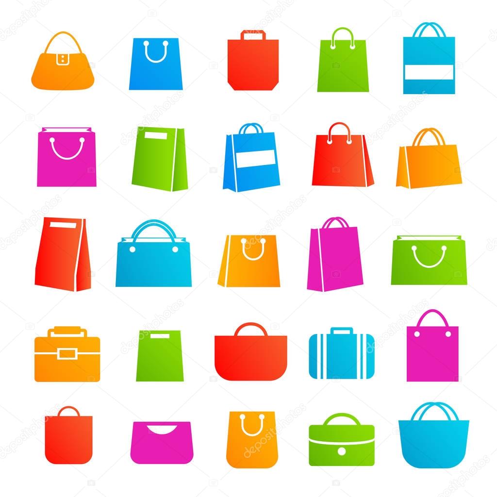 Set of sale shopping bag color icons isolated on white background.Vector design elements, business signs, logos, identity, labels and other branding objects for your business. Vector Illustration