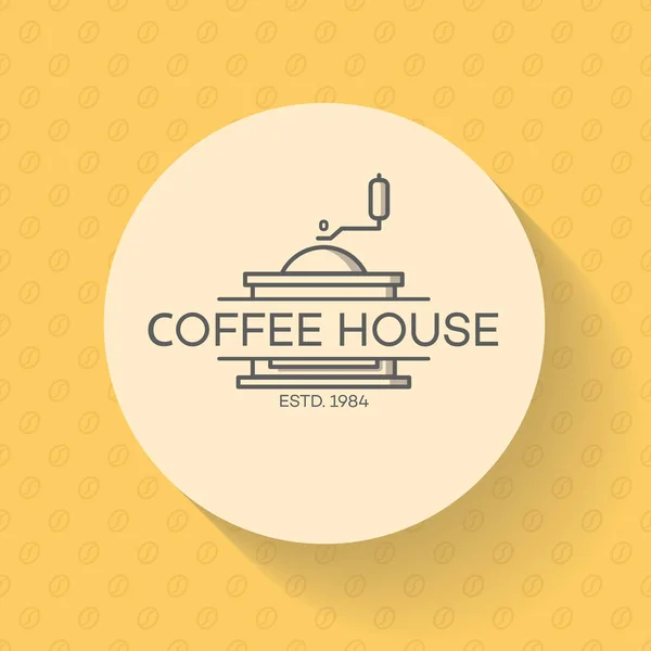 Logo de la cafetería con máquina de café sobre fondo de frijol — Vector de stock