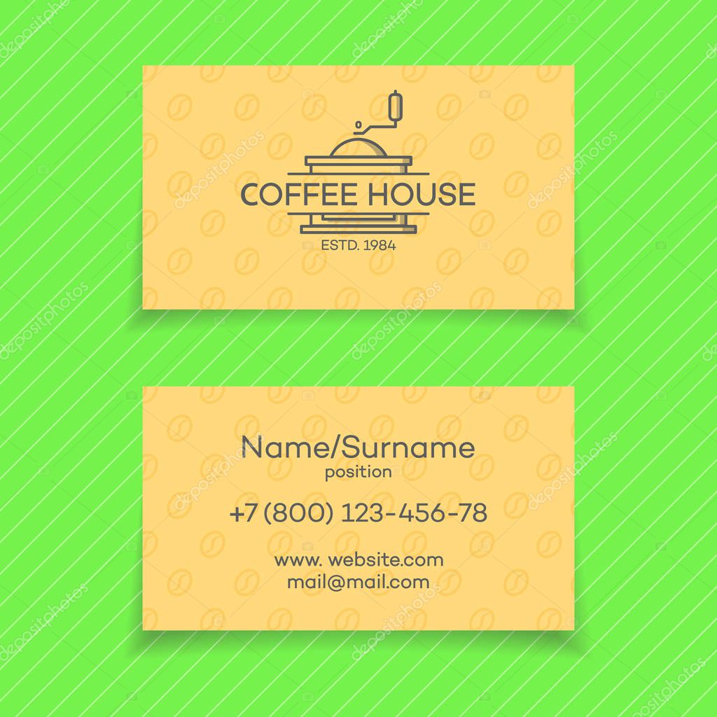 Business card of coffee house with logo coffee machine. Vector design elements, business signs, logos, identity, labels, badges and other branding objects for your business. Vector illustration.