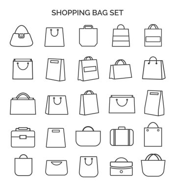 Alışveriş çantası ince çizgi simgeler siyah renk ve beyaz arka plan üzerinde izole düz Stil kümesi