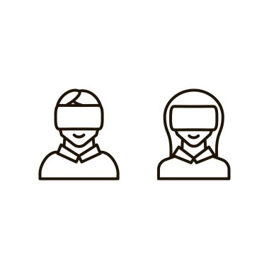 Set simgeleri erkek ve kız ile sanal gerçeklik kask ince çizgi stili