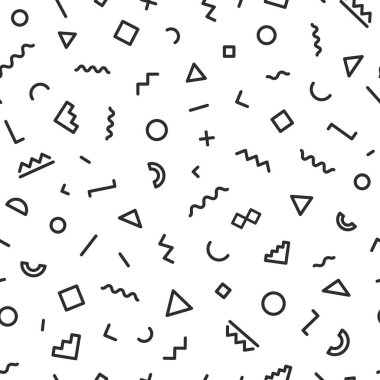 Geometrik şekiller oluşan Memphis seamless modeli siyah renk