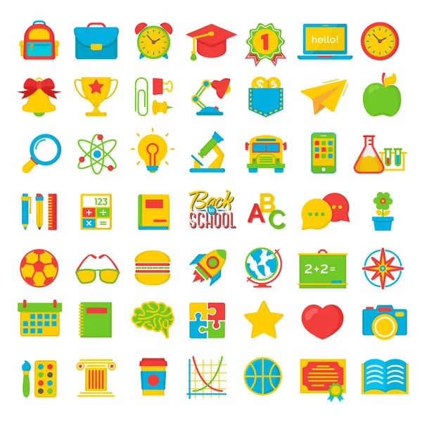 Set of back to school and education colot flat icons school supplies — Stock Vector