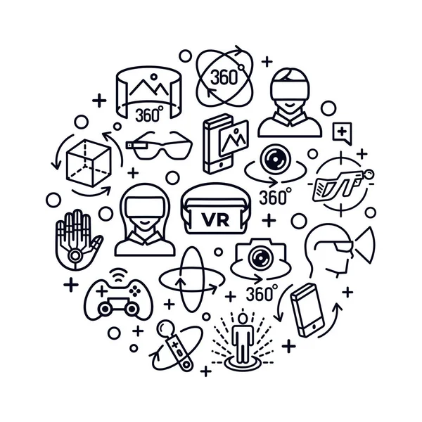 Concepto de realidad virtual con iconos de color negro pensar estilo de línea — Vector de stock