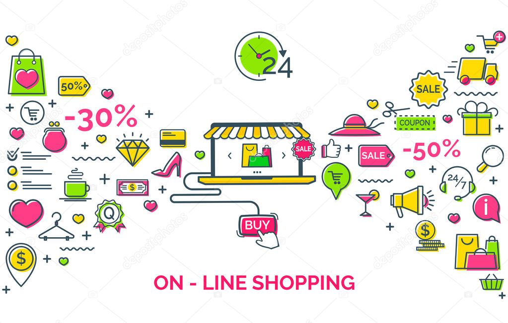 On-line shopping concept for web site header with flat thin line icon