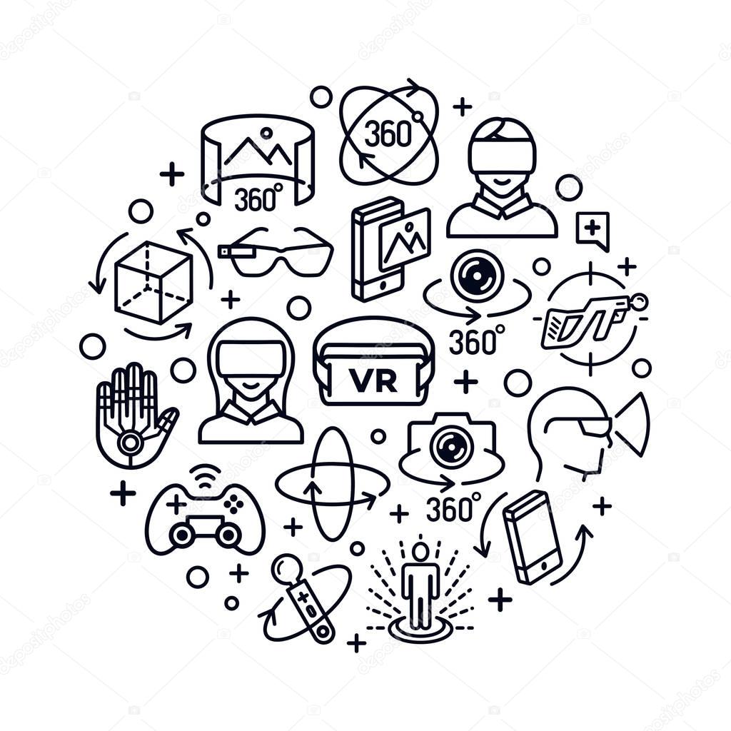 Virtual reality concept with black color icons think line style