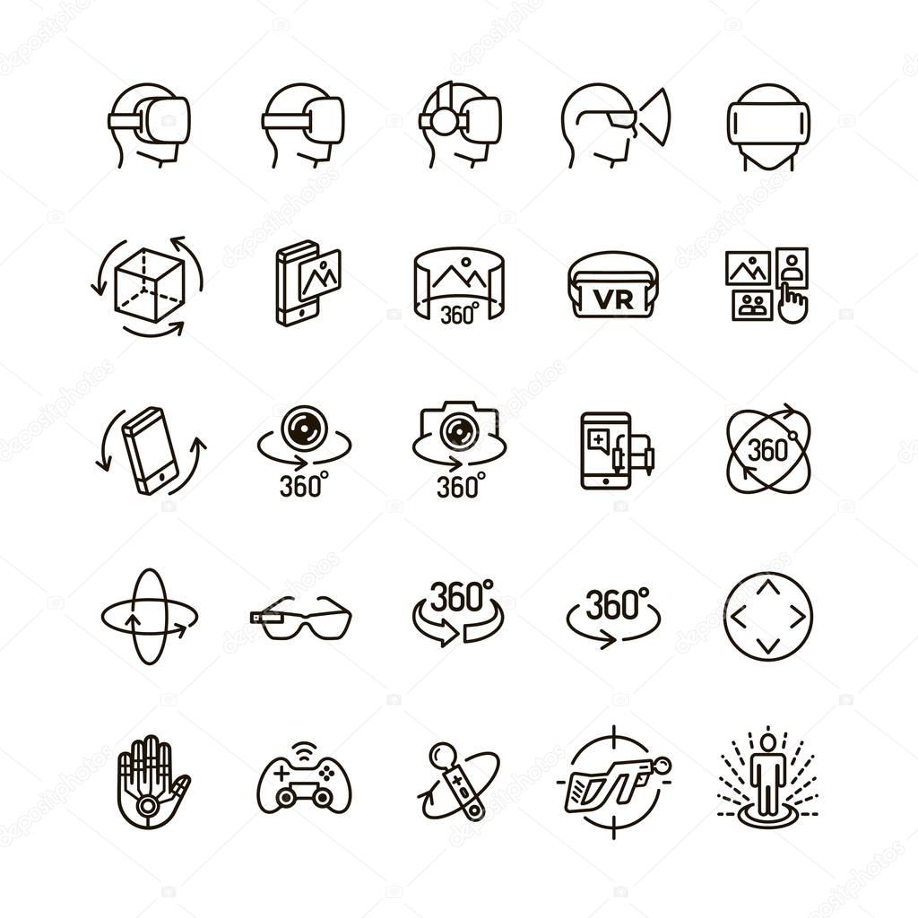 Set of virtual reality icons black think line style for your app design project