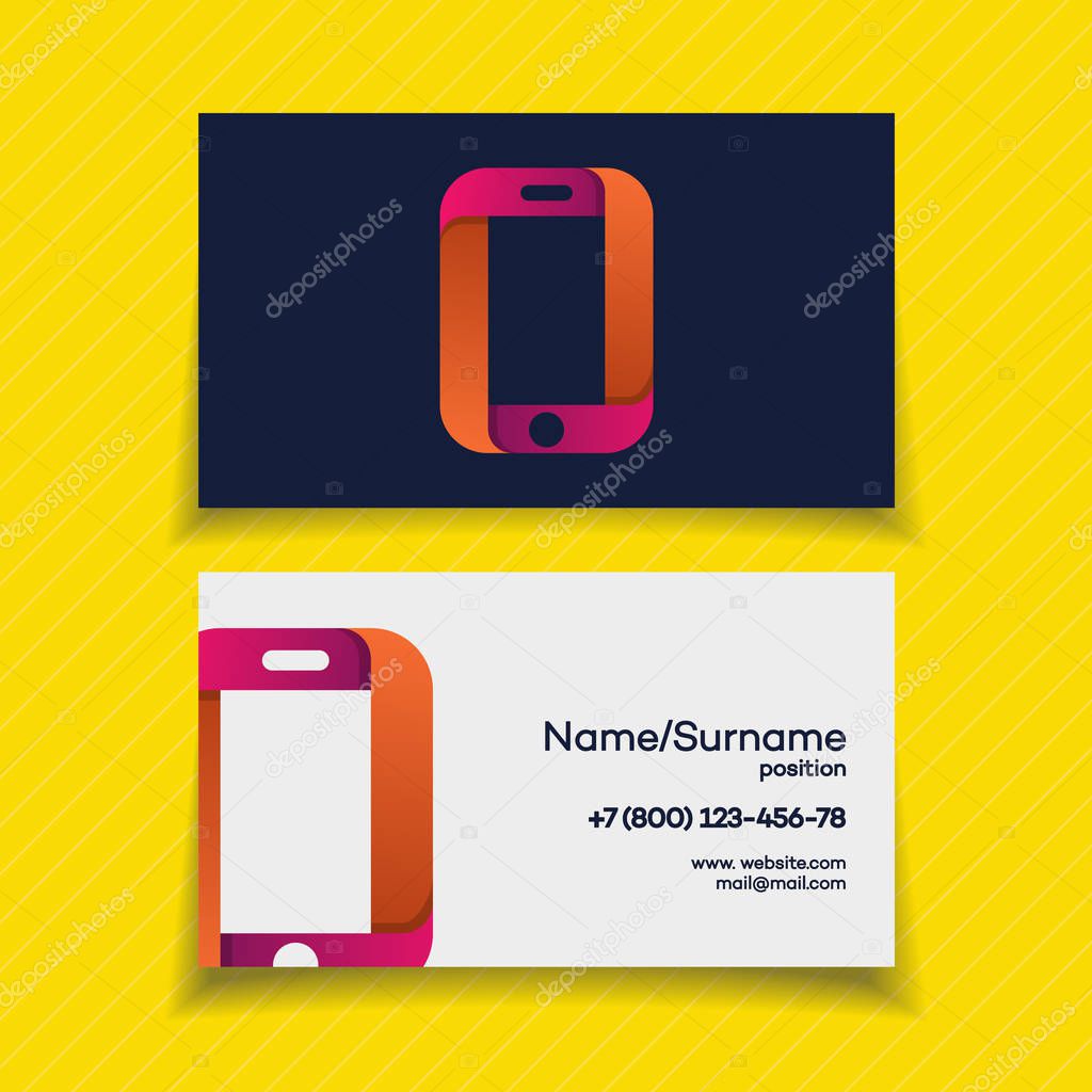 Business card design template with phone logo on yellow background use for mobile store, mobile shop, phone service and repair. Perfect for your business design. Vector Illustration