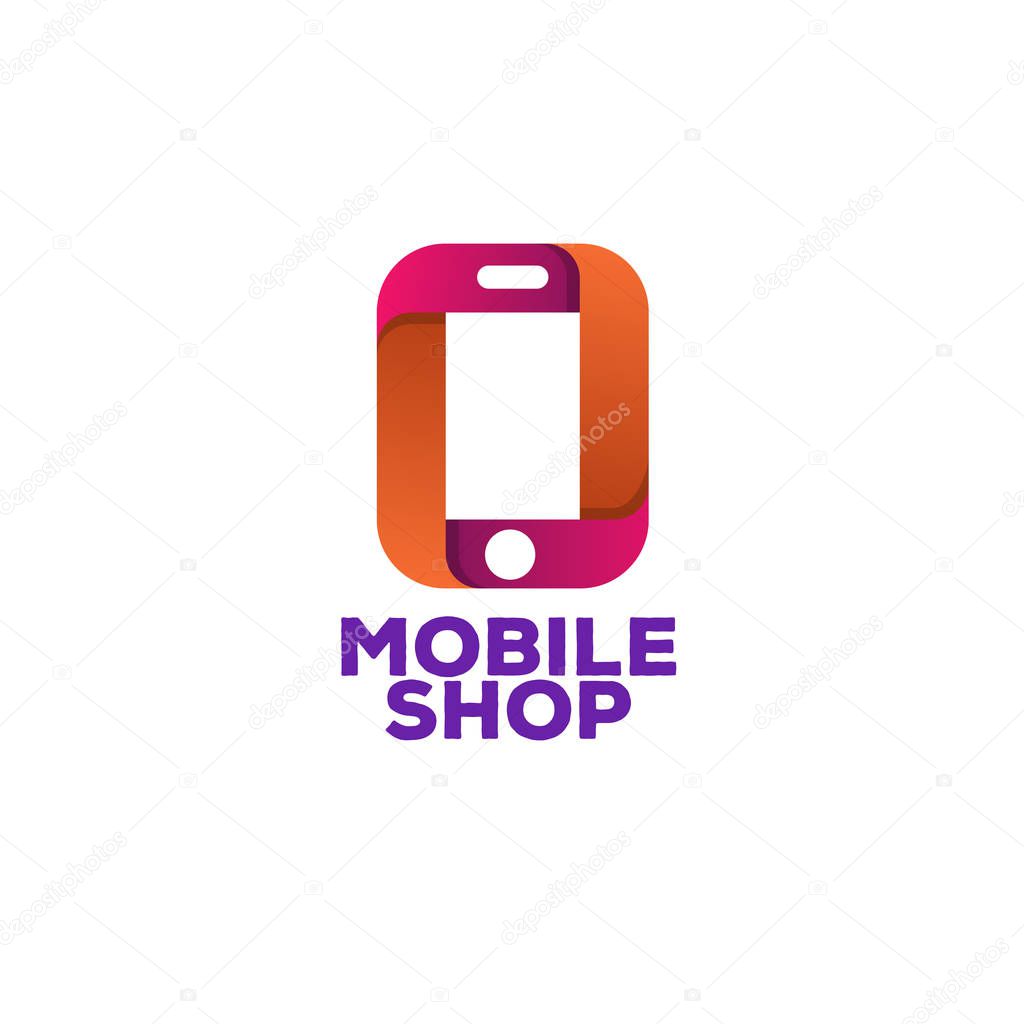 Mobile shop logo template with phone on white background can used for mobile store, phone service and repair. Perfect for your business design. Vector Illustration