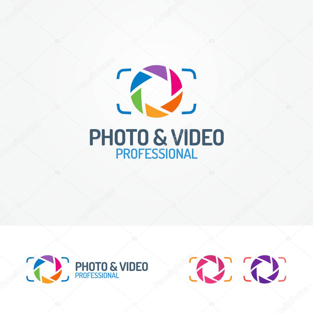 Photo and video logo set with aperture modern flat color style can for use photostudio, photoalbum, photoschool, photoeducation, photolaboratory, food photo, wedding and etc. Vector Illustration