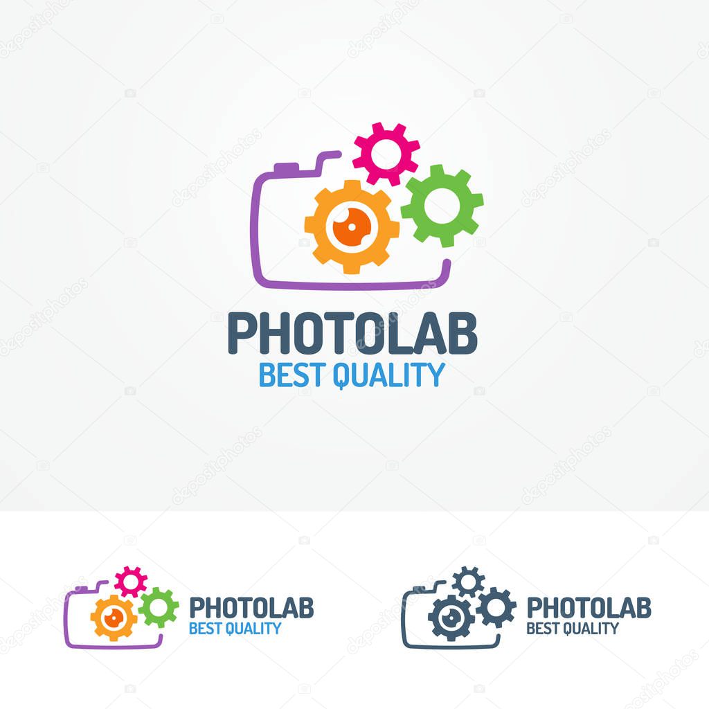 Photolab logo set with photocamera and gears modern color style can for use photostudio, photoalbum, photoschool, photoeducation, photolaboratory, food photo, wedding and etc. Vector Illustration
