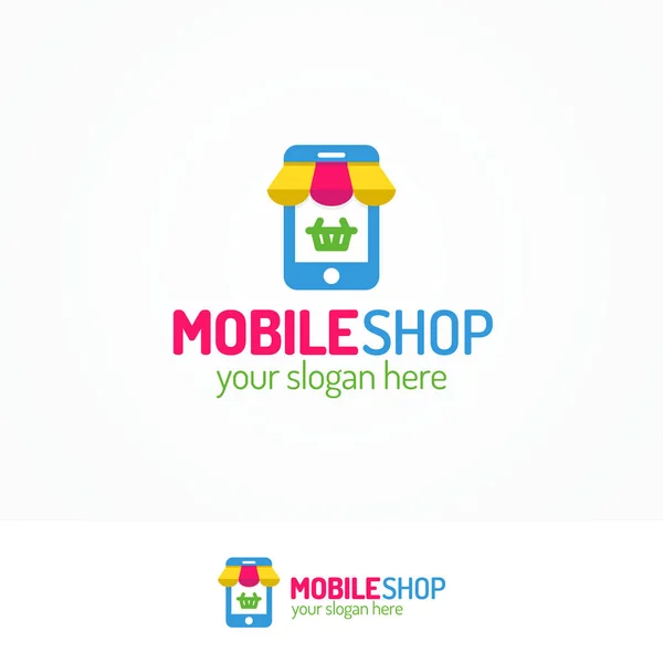 Logo toko bergerak ditata dengan telepon siluet dan keranjang - Stok Vektor