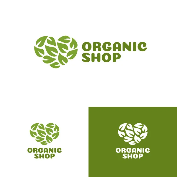 Logotipo de loja orgânica com coração composto por folhas —  Vetores de Stock